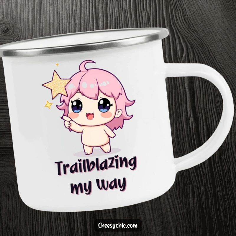 Funny camping mug featuring a character pointing excitedly at a large, sparkling star, ideal for outdoor enthusiasts with humor.