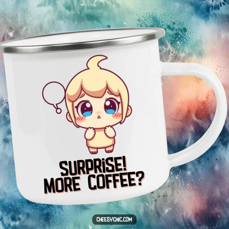 Funny camping mug featuring a stylized character with wide, surprised eyes and a popping speech bubble, perfect for outdoor humor.