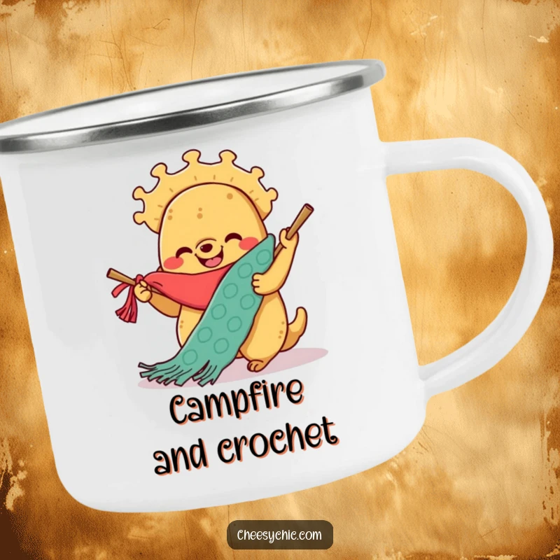 Funny camping mug with a smiling anthropomorphic taco enthusiastically knitting a giant scarf, perfect for outdoor crafting.