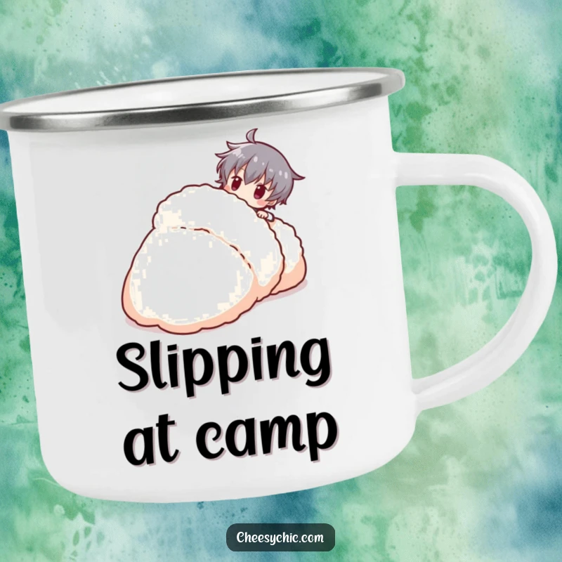 Funny stylized character tripping over a giant fluffy slipper, a humorous camping mug.