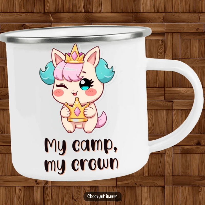 Funny camping mug featuring a stylized character winking with a mischievous grin, holding a tiny, shimmering crown, ready for the outdoors.