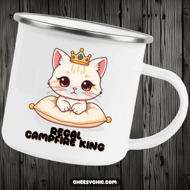 Funny camping mug showing a cute cat character wearing a small crown, looking regal on a cushion, ready for adventure.