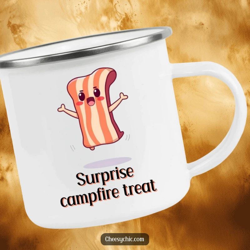 Funny camping mug with an anthropomorphic bacon strip doing a surprised jump in an outdoor setting.