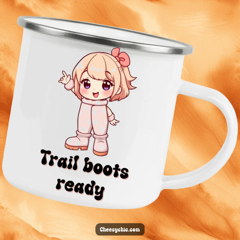 Funny camping mug featuring a character in oversized polka dot boots striking a pose, ideal for outdoor enthusiasts with flair.