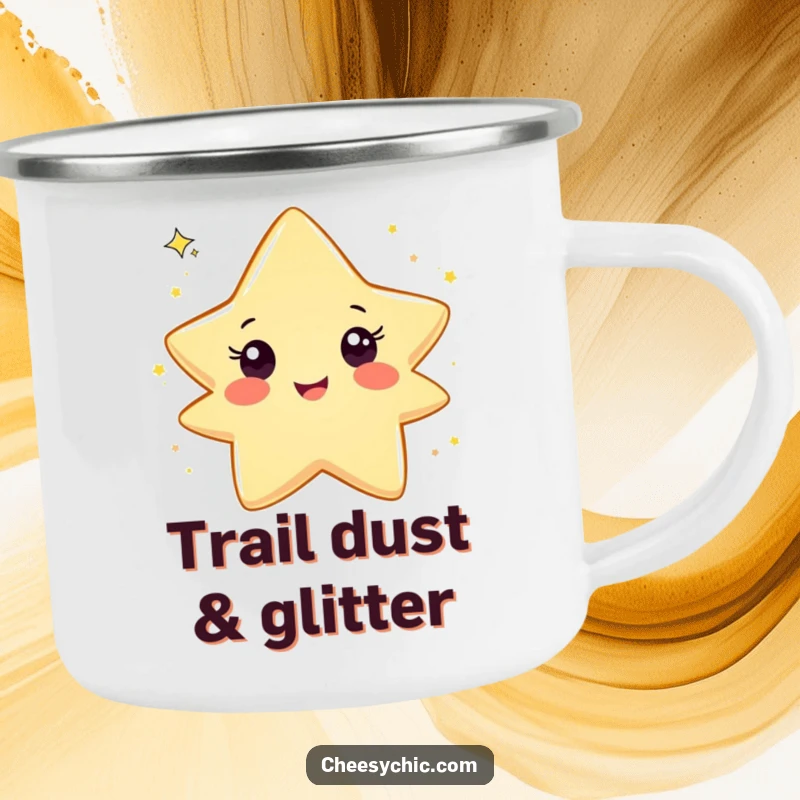 Funny camping mug showcasing a happy star character gleefully tossing glitter, perfect for outdoor enthusiasts who enjoy playful moments.