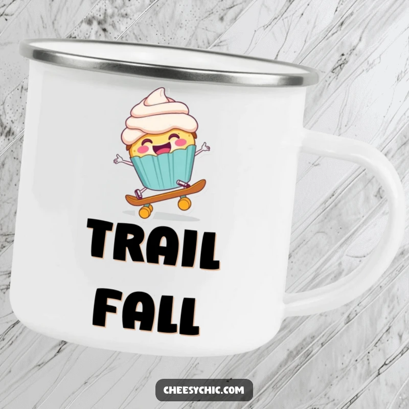 Funny camping mug with a happy anthropomorphic cupcake comically falling off a tiny skateboard, ready for outdoor fun.