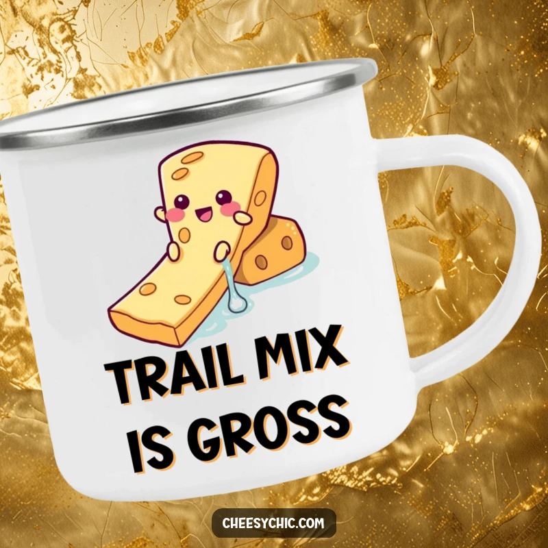 Funny Camping Mug featuring a playful cheese slice character on a cracker waterslide, perfect for outdoor humor.