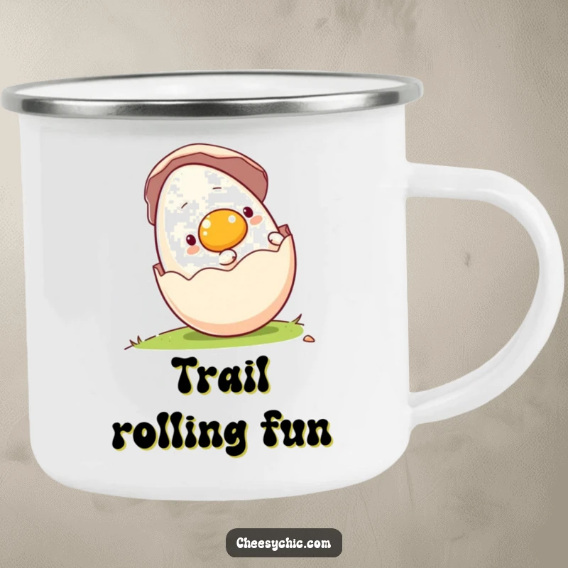 Funny camping mug with a charming anthropomorphic egg rolling downhill in its shell, ideal for enjoying drinks outdoors.