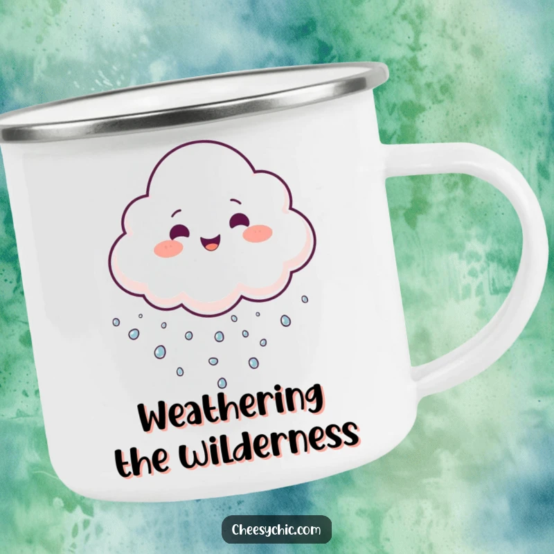 Funny Camping Mug featuring a cheerful cloud juggling tiny sparkling droplets, perfect for enjoying drinks outdoors.