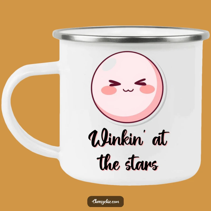 Funny Mischievous Pink Character Camping Mug - Cheeky Winking Gift for Playful Campers