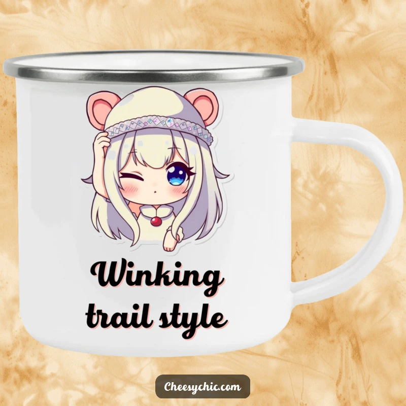 Funny camping mug showing a character winking while adjusting a tiny, sequined hat, perfect for enjoying the outdoors with flair.