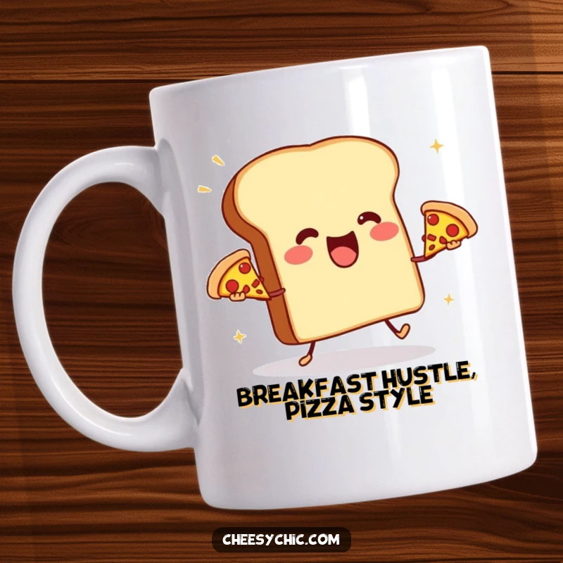 Funny mug with a happy anthropomorphic toast aggressively juggling three miniature pizzas, showcasing breakfast and pizza-loving absurdity.