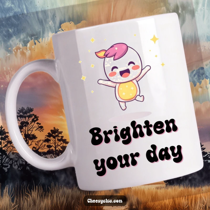 Funny mug featuring a sparkly rainbow character joyfully bouncing with infectious, uncontainable delight and vibrant energy.