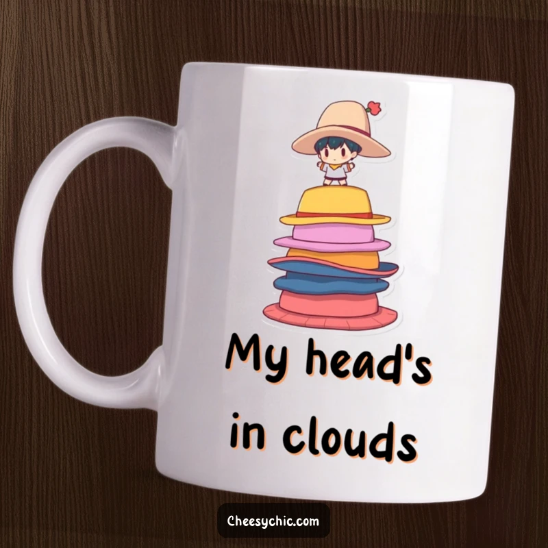 Funny Mug featuring a small stylized character wobbling precariously atop a tall stack of colorful, oversized hats.