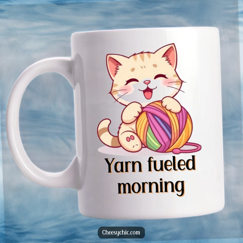 Funny mug featuring a cute cat character happily engaged in batting a large, colorful ball of yarn with its paws.