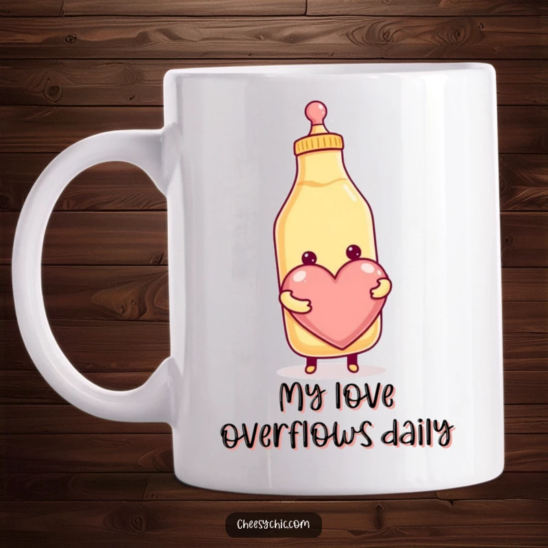 Funny mug featuring a smiling anthropomorphic condiment bottle joyfully squeezing out a giant, heartfelt symbol of love.