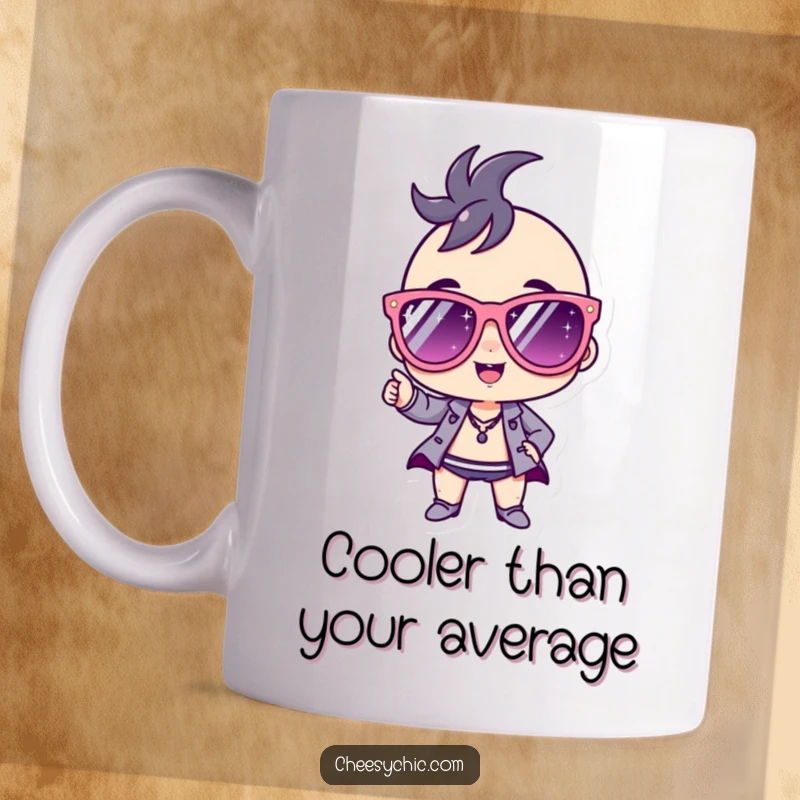 Funny Mug featuring a small stylized character in giant sparkly sunglasses, striking a bold and confident pose, exuding pure sass.