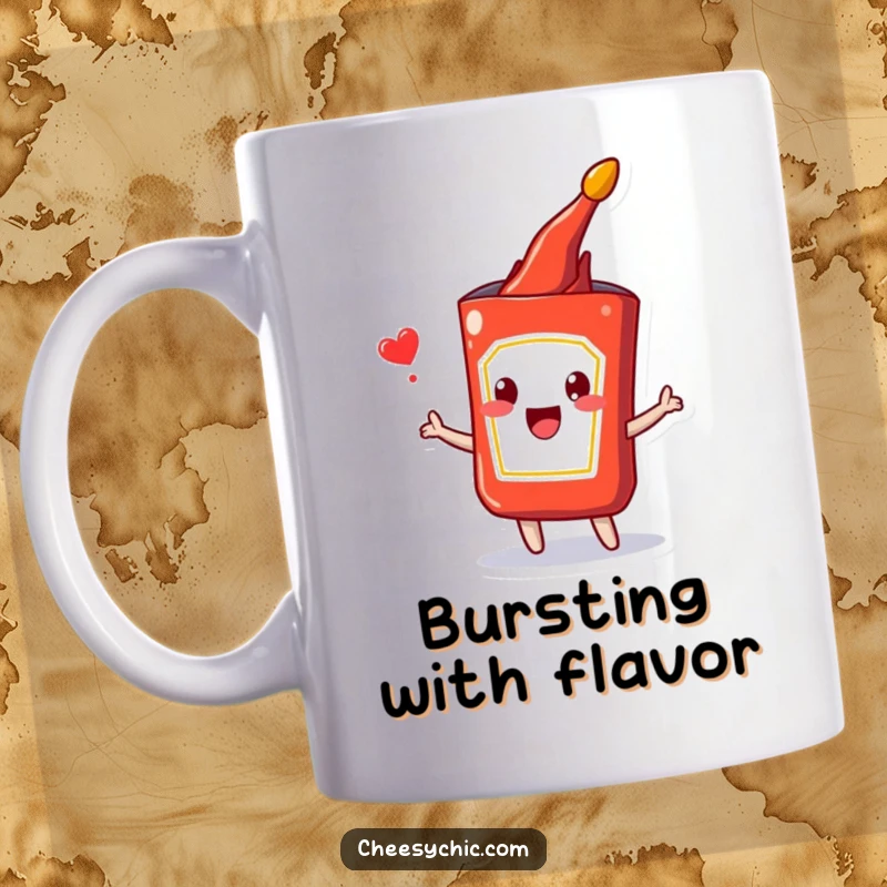 Funny mug featuring an adorable anthropomorphic ketchup packet captured mid-burst with a look of absolute happiness and delight.