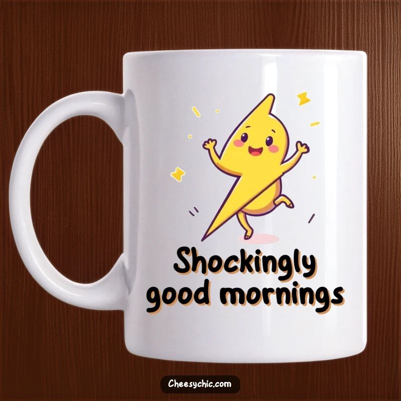 Funny Mug featuring a happy little lightning bolt performing a cartwheel with energetic flair and a cheerful expression.