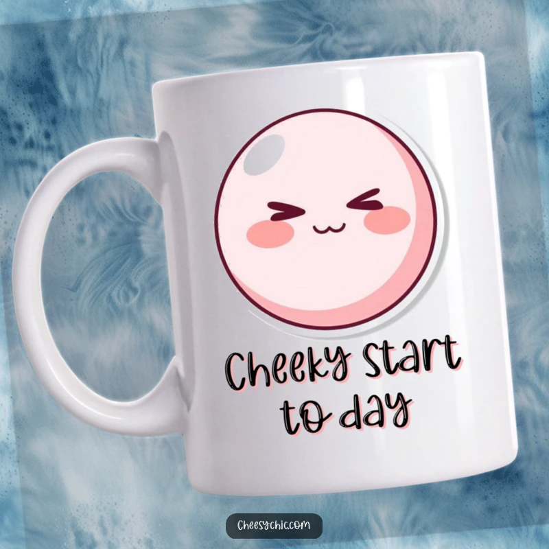 Funny Mug: A round pink character with rosy cheeks winking mischievously. Perfect funny gift for cheeky souls.