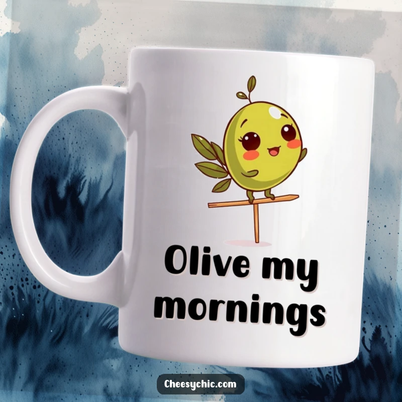 Funny Mug depicting a determined olive character precariously balancing on a toothpick, a humorous take on cocktails.