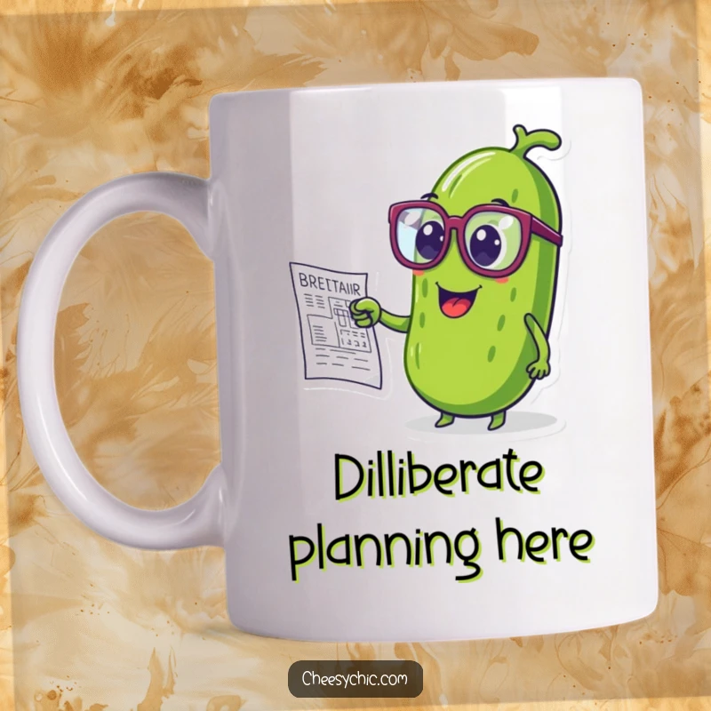 Funny mug with an anthropomorphic pickle wearing oversized glasses, pointing at a blueprint with intelligence.