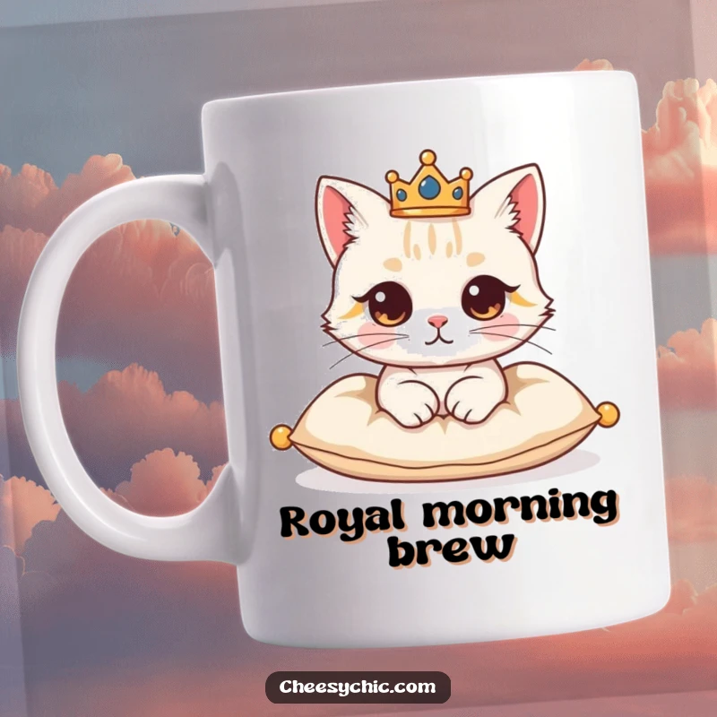 Funny mug showcasing a cute cat character adorned with a tiny crown, looking majestically regal while seated on a plush cushion.