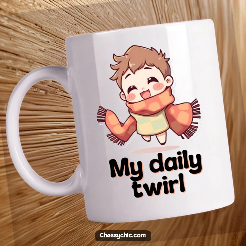Funny Mug: Character wearing a brightly patterned scarf, spinning with a delighted expression, full of joy.