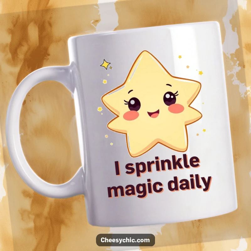 Funny mug featuring a smiling star character gleefully tossing a shower of sparkling glitter, radiating playful delight and joy.