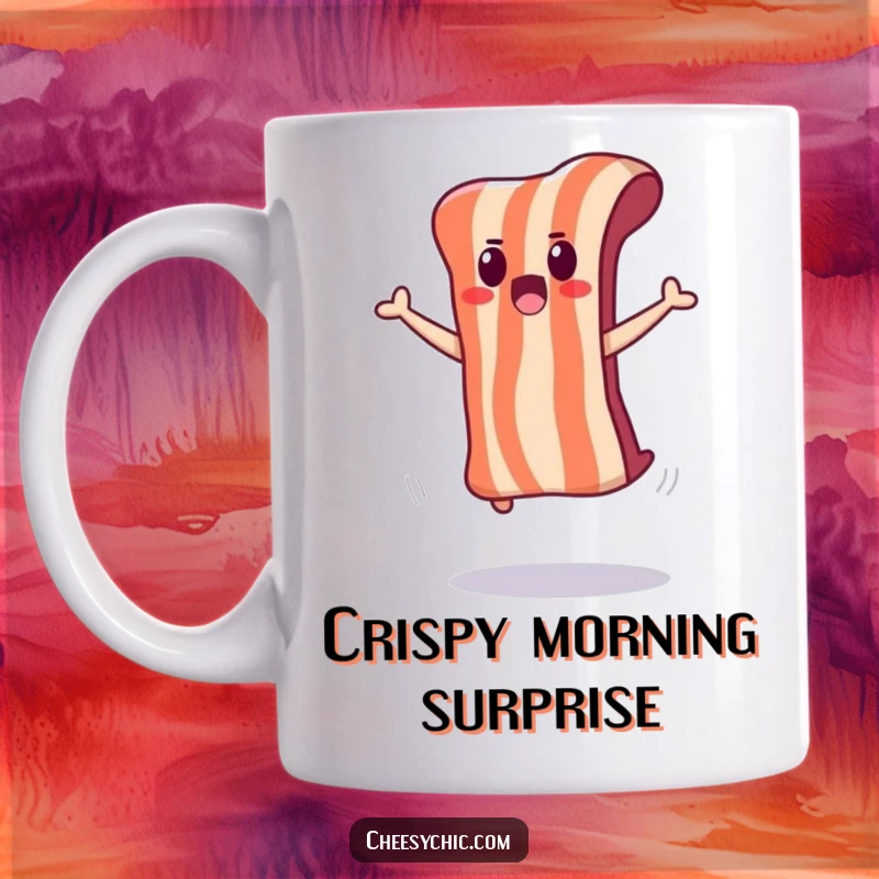 Funny mug with an adorable anthropomorphic bacon strip doing a surprised jump, looking shocked.