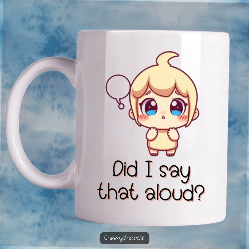 Funny mug featuring a small stylized character with wide, surprised eyes and a speech bubble, conveying a hilarious and unexpected moment.