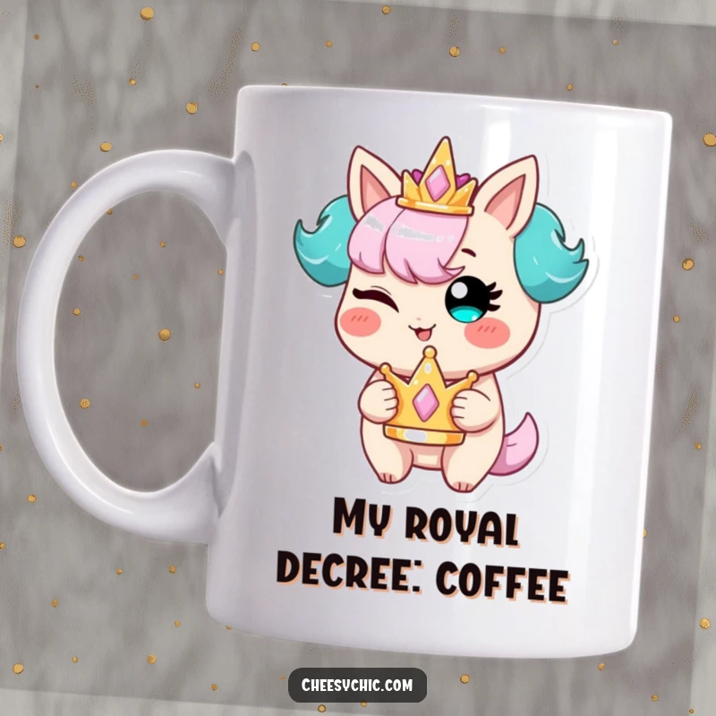 Funny mug showcasing a stylized character winking slyly with a tiny golden crown, radiating playful mischief and regal charm.