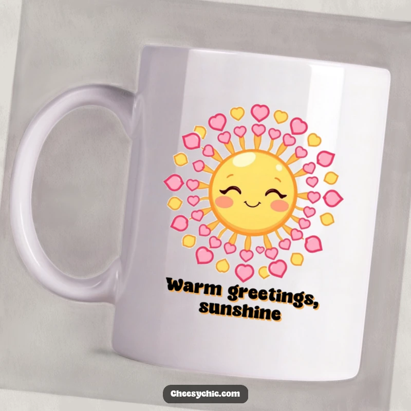 Funny Mug featuring a winking sun with rays made of tiny hearts, spreading love and cheerful energy.
