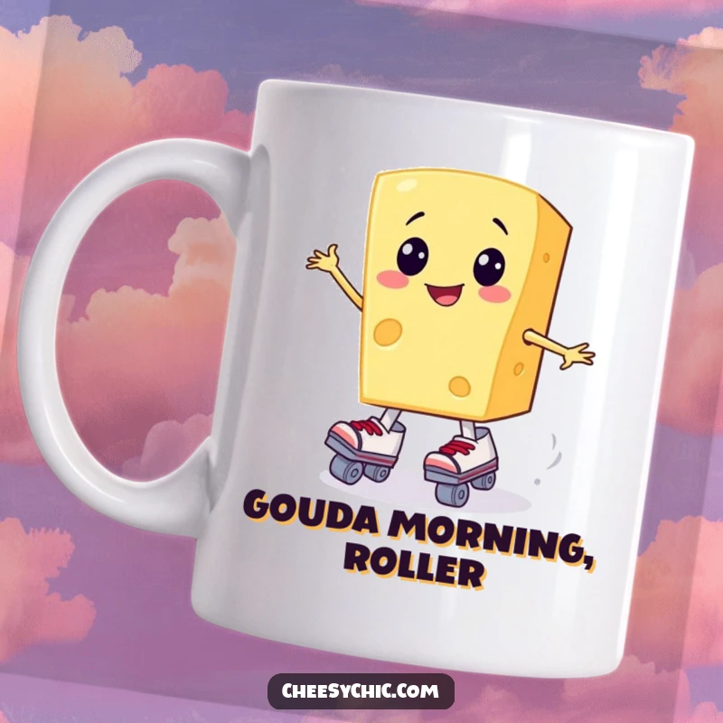 Funny mug with a smiling anthropomorphic cheese slice wobbling precariously on roller skates.