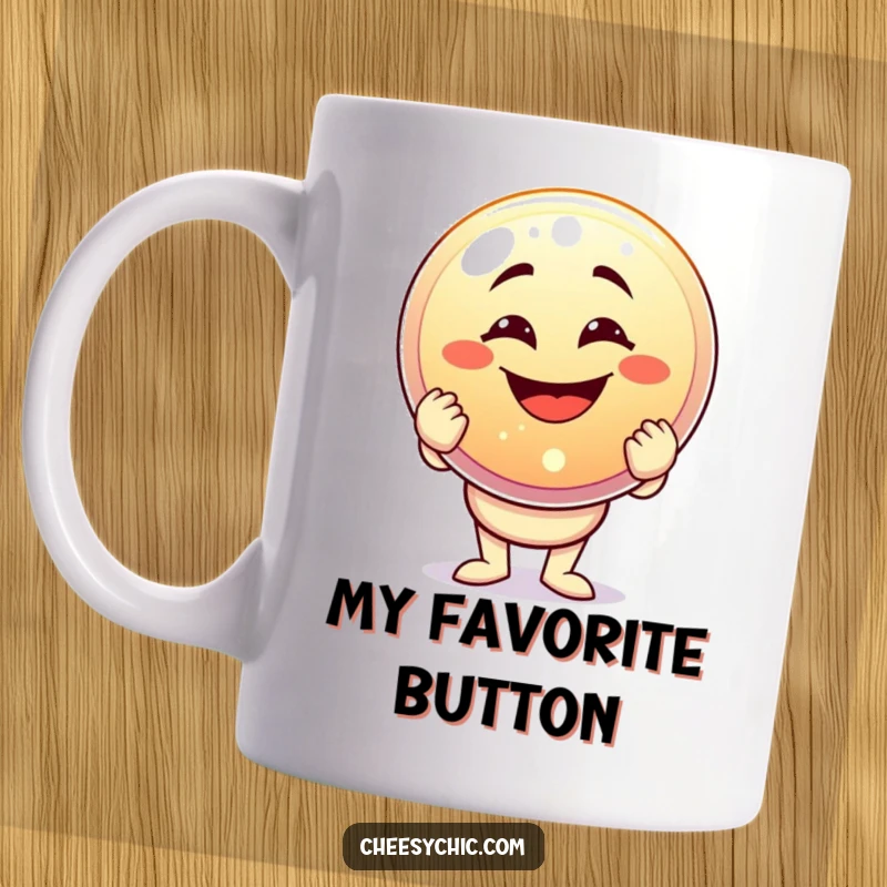 Funny mug featuring a character with a wide, goofy grin holding a comically large, sparkling button, symbolizing achievement and humor.