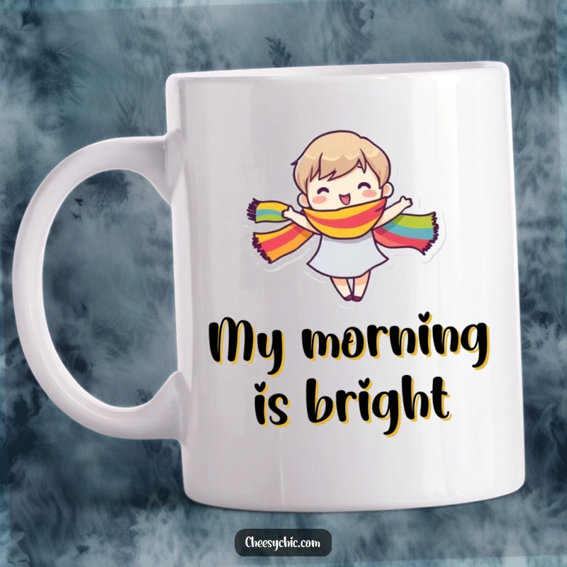 Funny Mug featuring a small stylized character joyfully dancing, twirling a flowing rainbow-colored scarf with infectious happiness.