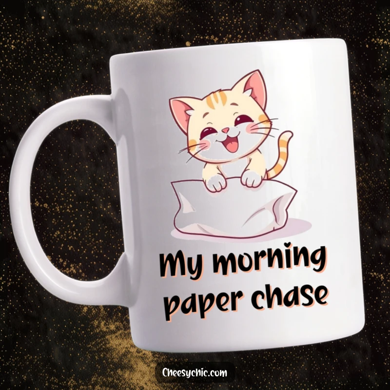 Funny mug featuring a cute cat character leaping with pure excitement onto a crumpled piece of paper, embodying playful chaos.