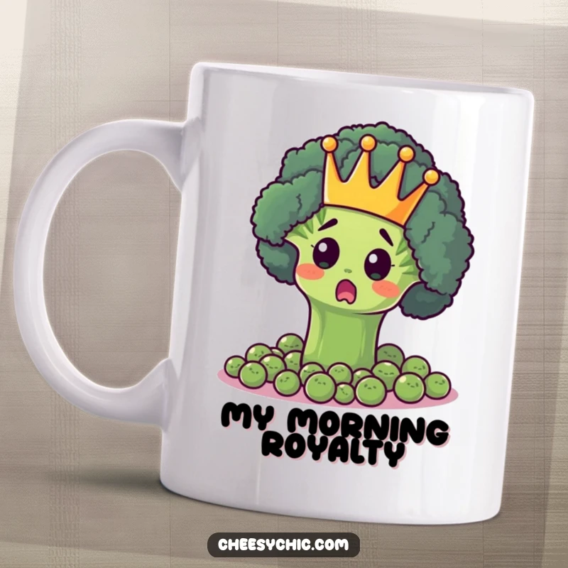 Funny broccoli mug of a surprised broccoli floret wearing a tiny crown, ruling over a kingdom of peas with an amused expression.