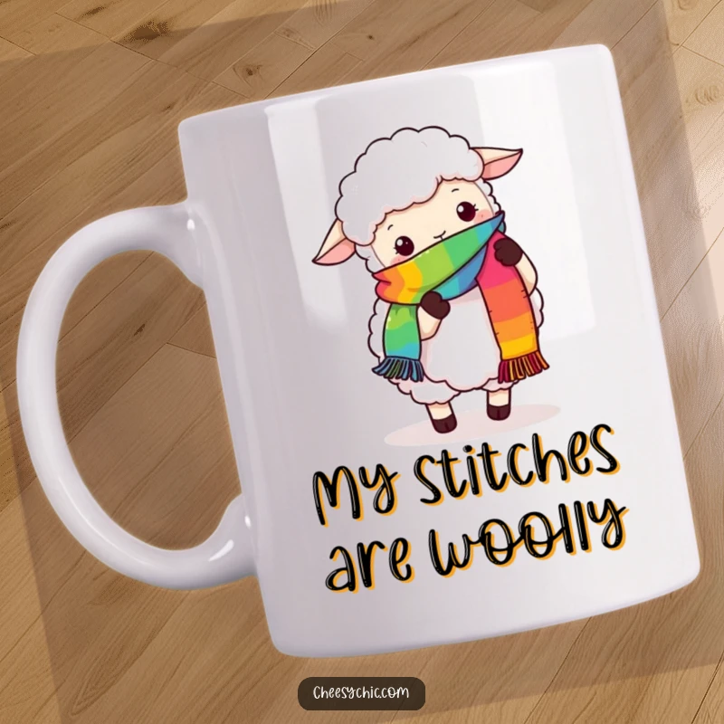 Funny sheep mug design showing a fluffy sheep struggling to knit a colorful rainbow scarf with its hooves, looking determined.