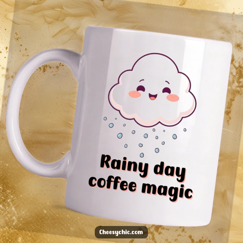 Funny Mug featuring a cheerful cloud juggling tiny sparkling droplets, spreading joy and playful energy.