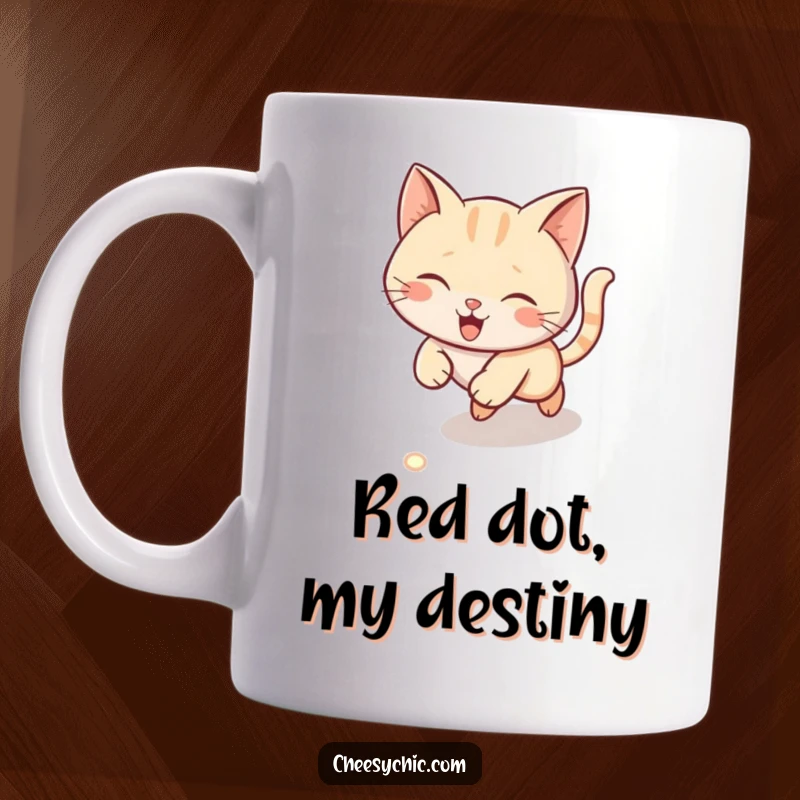 Funny mug of a cute cat wildly chasing a red laser pointer dot across the floor with extreme excitement and focus.