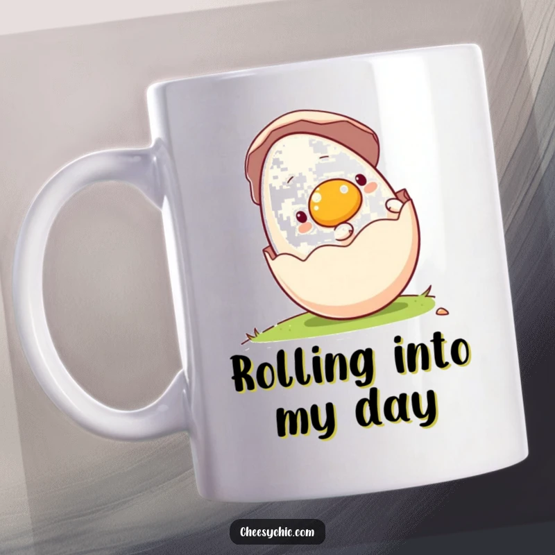 Funny mug featuring a charming anthropomorphic egg playfully rolling downhill inside its shell, full of joy. Perfect gift.