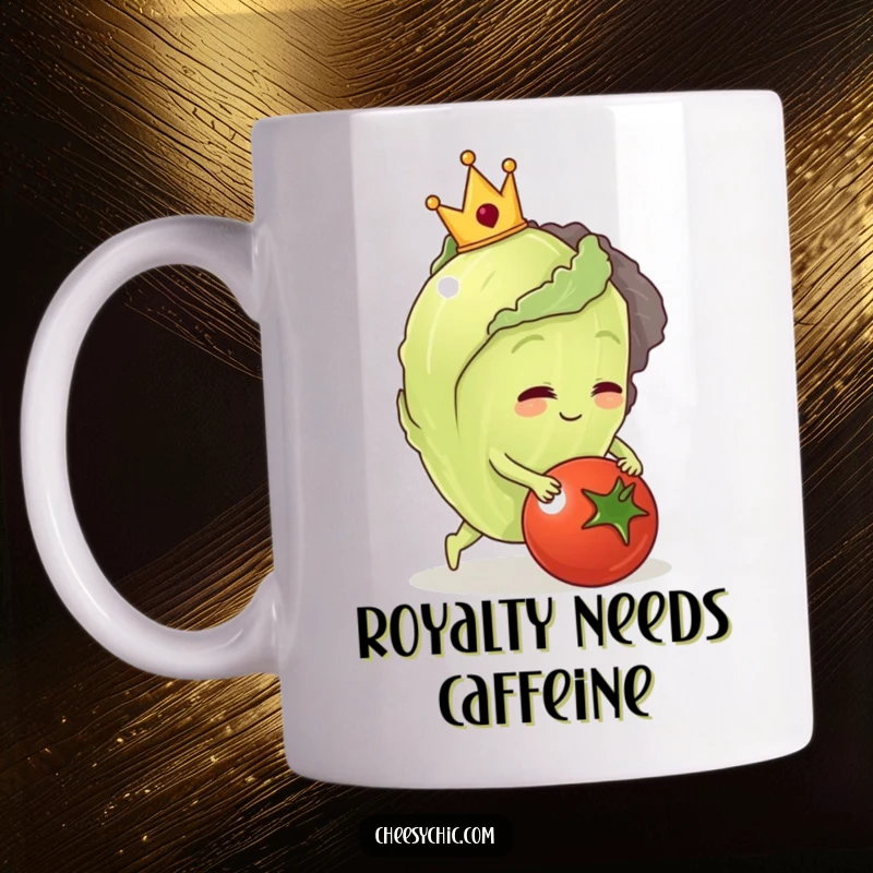 Funny mug with anthropomorphic lettuce wearing a crown, tripping over a tomato, showing a comical royal blunder.