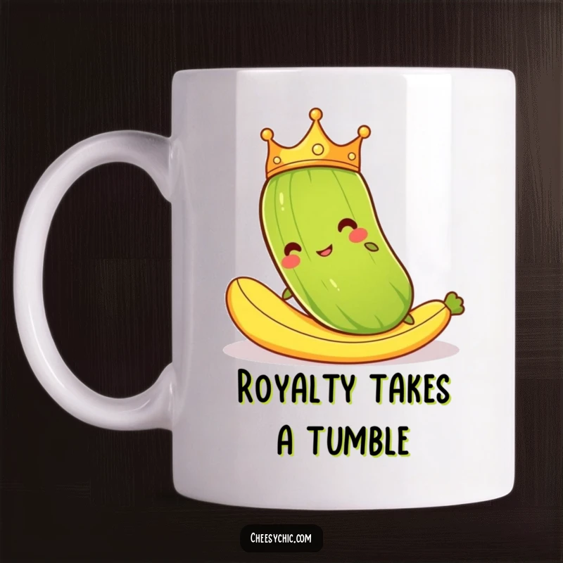 Funny mug with a cartoon pickle wearing a crown, comically slipping on a banana peel, capturing a moment of royal oops.
