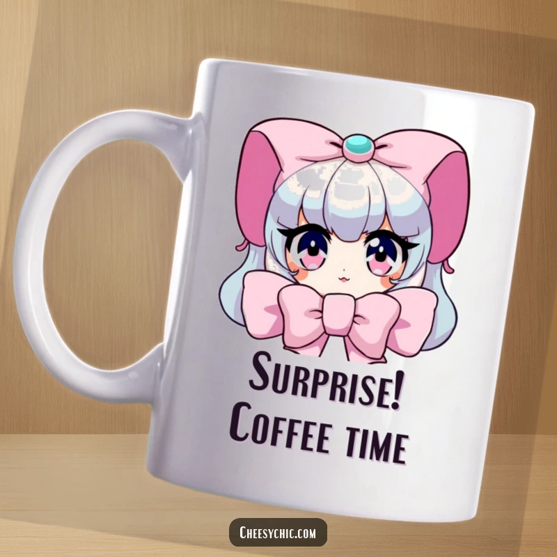 Funny Mug: Character peeking from behind a giant colorful bow, with wide, sparkling, curious eyes.