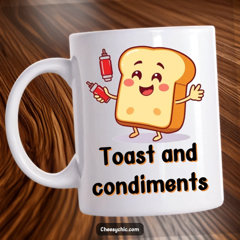 Funny mug with a happy anthropomorphic bread slice enthusiastically juggling two red ketchup bottles.