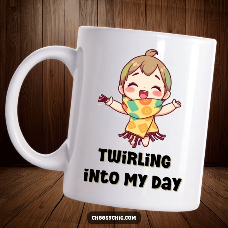 Funny mug of a character joyfully spinning in a colorful, brightly patterned scarf, their expression pure delight and exuberance.