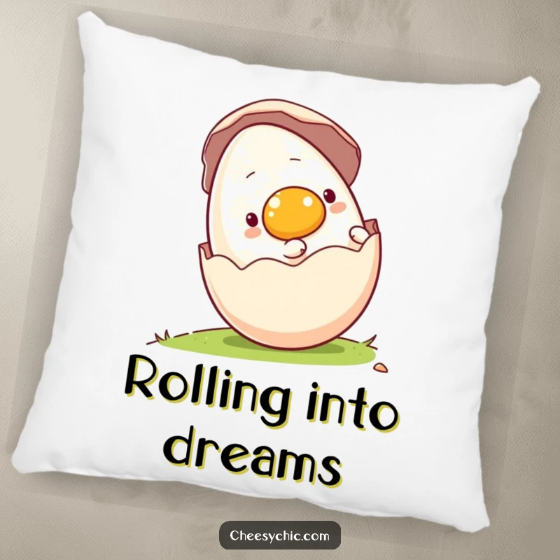 Funny pillow with a charming anthropomorphic egg rolling downhill in its shell, offering comfort and a playful, whimsical touch.