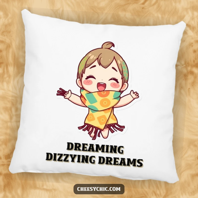 Funny pillow showcasing a character in a bright, patterned scarf spinning with pure delight, adding cozy vibrancy.