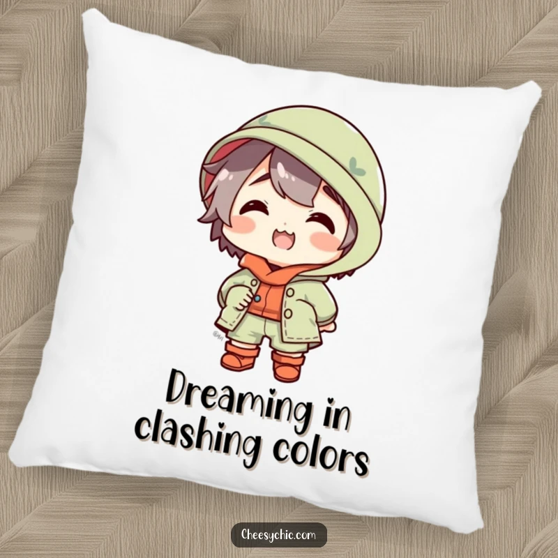 Funny comforting pillow featuring a small stylized character in a spectacularly mismatched outfit, looking absolutely delighted and full of quirky fun.
